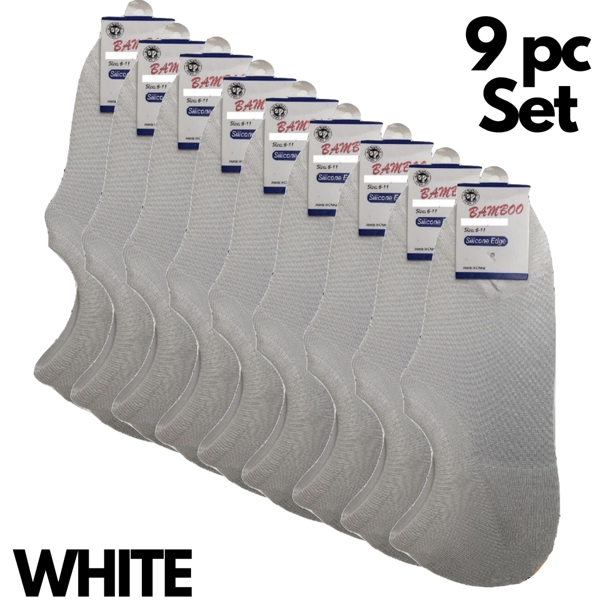 9 Pairs No Show Bamboo Socks Bulk Pack - White (Non-Slip Low Cut Invisible Footlet Socks)