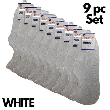 9 Pairs No Show Bamboo Socks Bulk Pack - White (Non-Slip Low Cut Invisible Footlet Socks)