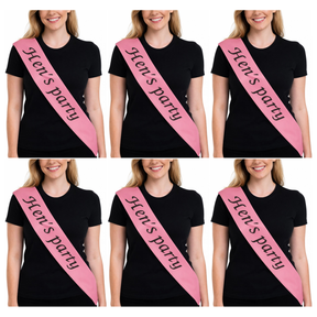 6x Bridesmaid "Hens Party" Hens Night Sash Bulk Pack - Pink (Satin Bridal Party Accessory)