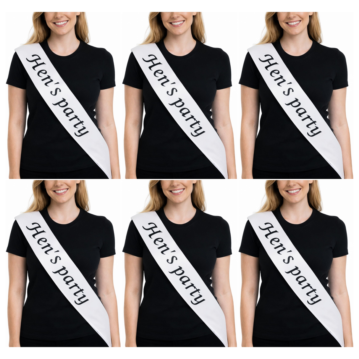 6x Bridesmaid "Hens Party" Hens Night Sash Bulk Pack - White (Satin Bridal Party Accessory)