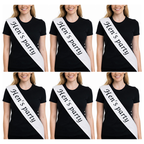 6x Bridesmaid "Hens Party" Hens Night Sash Bulk Pack - White (Satin Bridal Party Accessory)