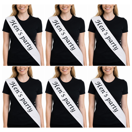 6x Bridesmaid "Hens Party" Hens Night Sash Bulk Pack - White (Satin Bridal Party Accessory)