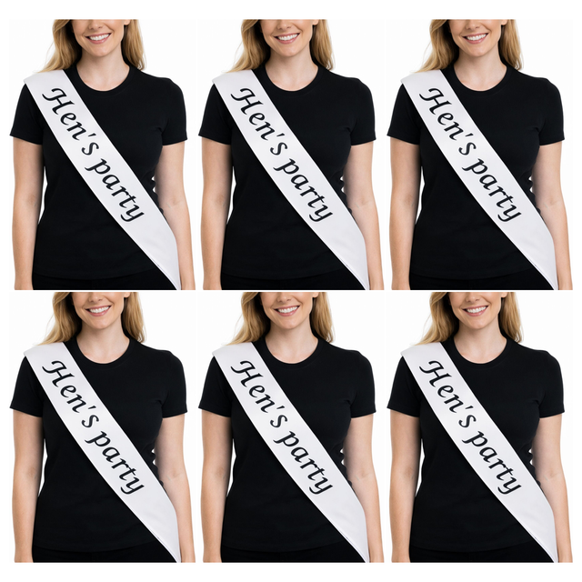 6x Bridesmaid "Hens Party" Hens Night Sash Bulk Pack - White (Satin Bridal Party Accessory)