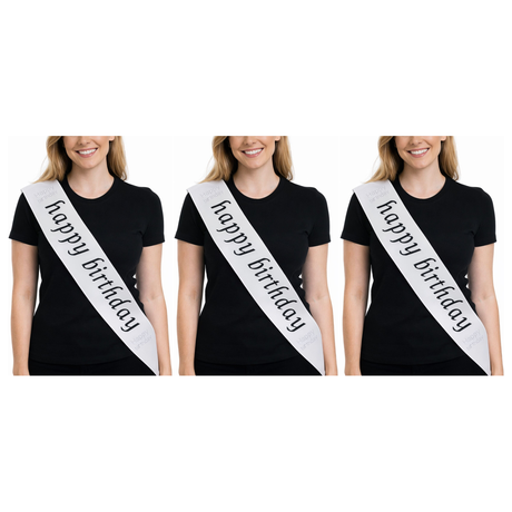 3x "Happy Birthday" Party Sash Pack - White (Celebration Sash)