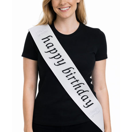 "Happy Birthday" Party Sash - White (Celebration Sash)