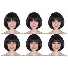 6x Black Bob Wig Bulk Pack - Short Straight Fringe Hair for Cosplay Costume/Fancy Dress Party
