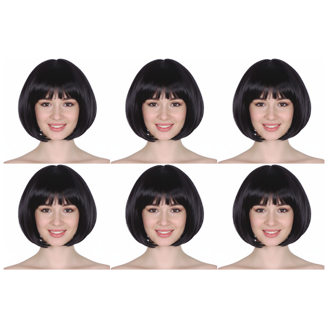 6x Black Bob Wig Bulk Pack - Short Straight Fringe Hair for Cosplay Costume/Fancy Dress Party