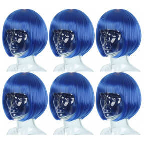 6x Blue Bob Wig Bulk Pack - Short Straight Fringe Hair for Cosplay Costume/Fancy Dress Party
