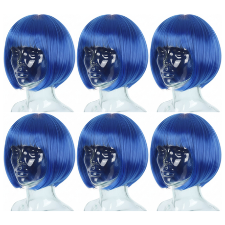 6x Blue Bob Wig Bulk Pack - Short Straight Fringe Hair for Cosplay Costume/Fancy Dress Party