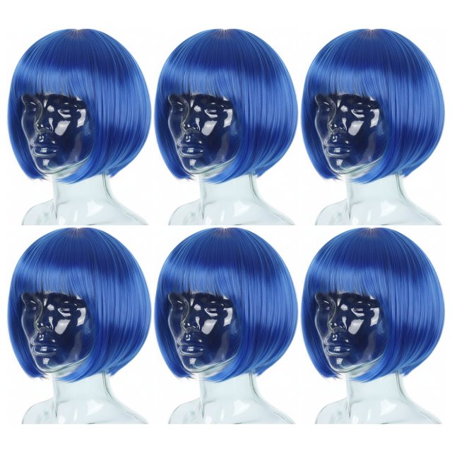 6x Blue Bob Wig Bulk Pack - Short Straight Fringe Hair for Cosplay Costume/Fancy Dress Party