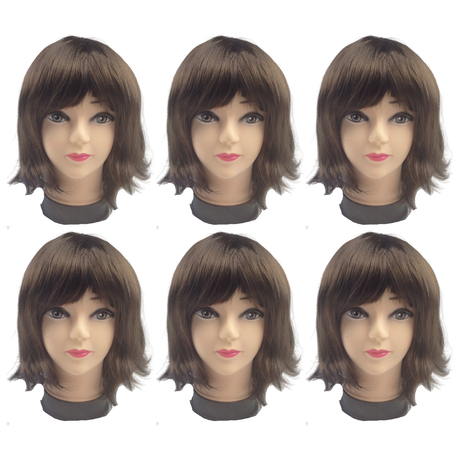 6x Brown Bob Wig Bulk Pack - Short Straight Fringe Hair for Cosplay Costume/Fancy Dress Party