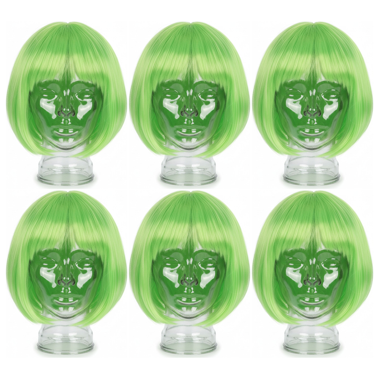 6x Green Bob Wig Bulk Pack - Short Straight Fringe Hair for Cosplay Costume/Fancy Dress Party