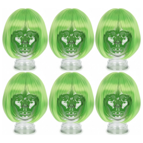 6x Green Bob Wig Bulk Pack - Short Straight Fringe Hair for Cosplay Costume/Fancy Dress Party