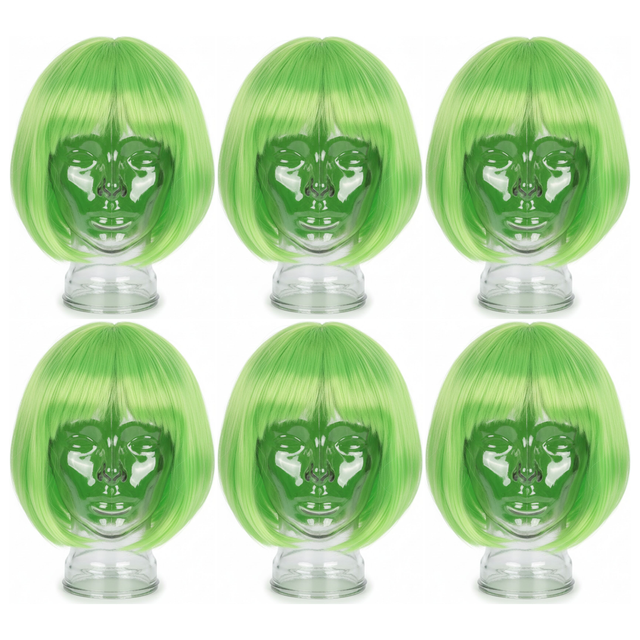 6x Green Bob Wig Bulk Pack - Short Straight Fringe Hair for Cosplay Costume/Fancy Dress Party