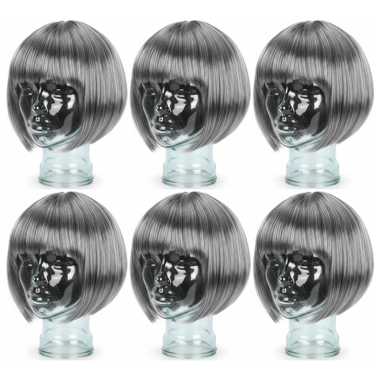 6x Grey Bob Wig Bulk Pack - Short Straight Fringe Hair for Cosplay Costume/Fancy Dress Party
