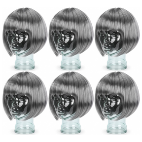 6x Grey Bob Wig Bulk Pack - Short Straight Fringe Hair for Cosplay Costume/Fancy Dress Party
