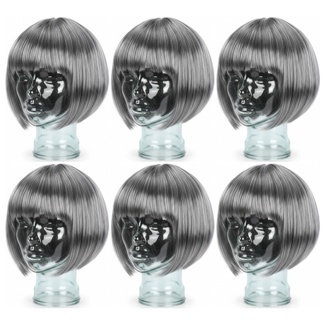 6x Grey Bob Wig Bulk Pack - Short Straight Fringe Hair for Cosplay Costume/Fancy Dress Party