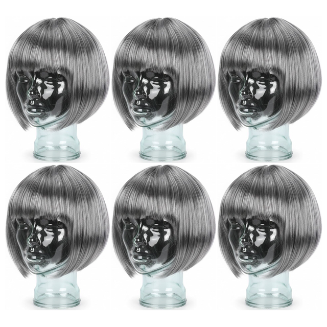 6x Grey Bob Wig Bulk Pack - Short Straight Fringe Hair for Cosplay Costume/Fancy Dress Party