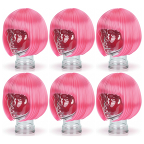 6x Hot Pink Bob Wig Bulk Pack - Short Straight Fringe Hair for Cosplay Costume/Fancy Dress Party