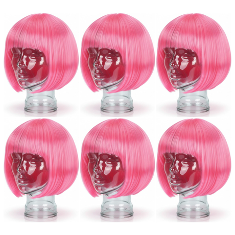 6x Hot Pink Bob Wig Bulk Pack - Short Straight Fringe Hair for Cosplay Costume/Fancy Dress Party