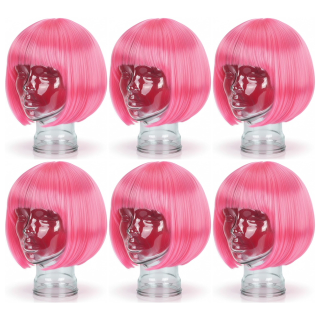 6x Hot Pink Bob Wig Bulk Pack - Short Straight Fringe Hair for Cosplay Costume/Fancy Dress Party
