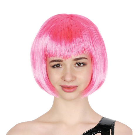6x Hot Pink Bob Wig Bulk Pack - Short Straight Fringe Hair for Cosplay Costume/Fancy Dress Party