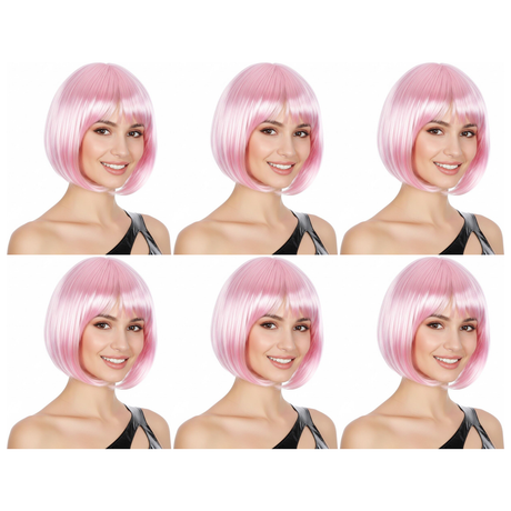 6x Light Pink Bob Wig Bulk Pack - Short Straight Fringe Hair for Cosplay Costume/Fancy Dress Party