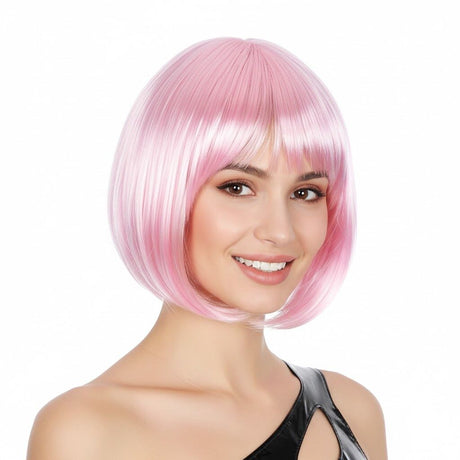Light Pink Bob Wig - Short Straight Fringe Hair for Cosplay Costume/Fancy Dress Party