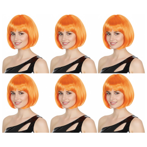 6x Orange Bob Wig Bulk Pack - Short Straight Fringe Hair for Cosplay Costume/Fancy Dress Party