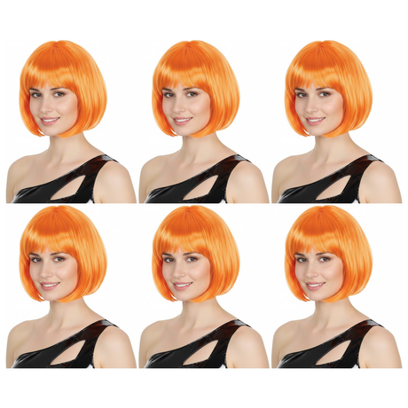 6x Orange Bob Wig Bulk Pack - Short Straight Fringe Hair for Cosplay Costume/Fancy Dress Party