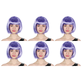 6x Purple Bob Wig Bulk Pack - Short Straight Fringe Hair for Cosplay Costume/Fancy Dress Party