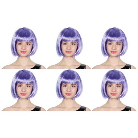 6x Purple Bob Wig Bulk Pack - Short Straight Fringe Hair for Cosplay Costume/Fancy Dress Party