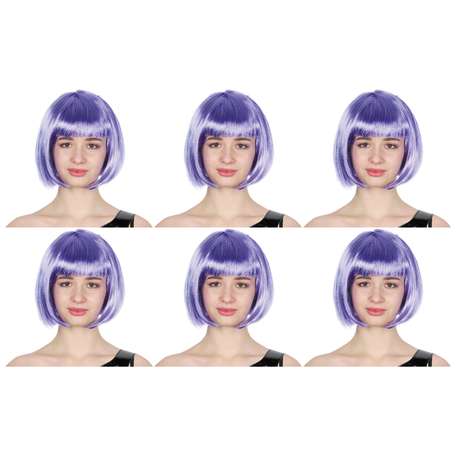 6x Purple Bob Wig Bulk Pack - Short Straight Fringe Hair for Cosplay Costume/Fancy Dress Party