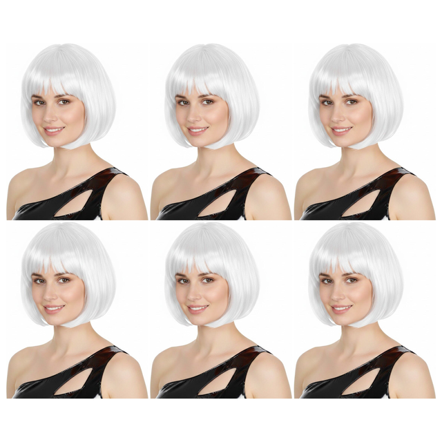 6x White Bob Wig Bulk Pack - Short Straight Fringe Hair for Cosplay Costume/Fancy Dress Party