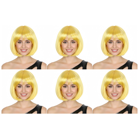 6x Yellow Bob Wig Bulk Pack - Short Straight Fringe Hair for Cosplay Costume/Fancy Dress Party