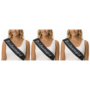 3x Bridesmaid Hens Night Sash Pack - Black (Satin Bridal Party Accessory)