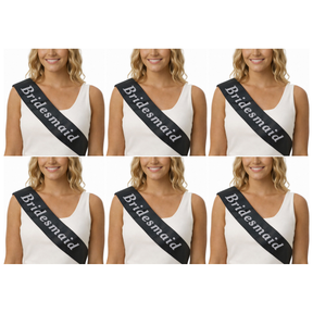 6x Bridesmaid Hens Night Sash Bulk Pack - Black (Satin Bridal Party Accessory)