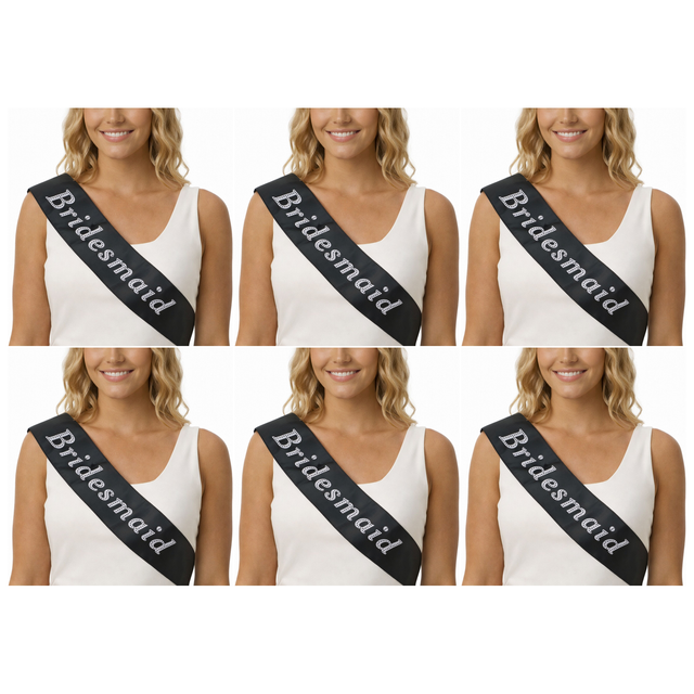 6x Bridesmaid Hens Night Sash Bulk Pack - Black (Satin Bridal Party Accessory)