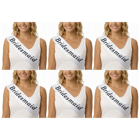 6x Bridesmaid Hens Night Sash Bulk Pack - White (Satin Bridal Party Accessory)