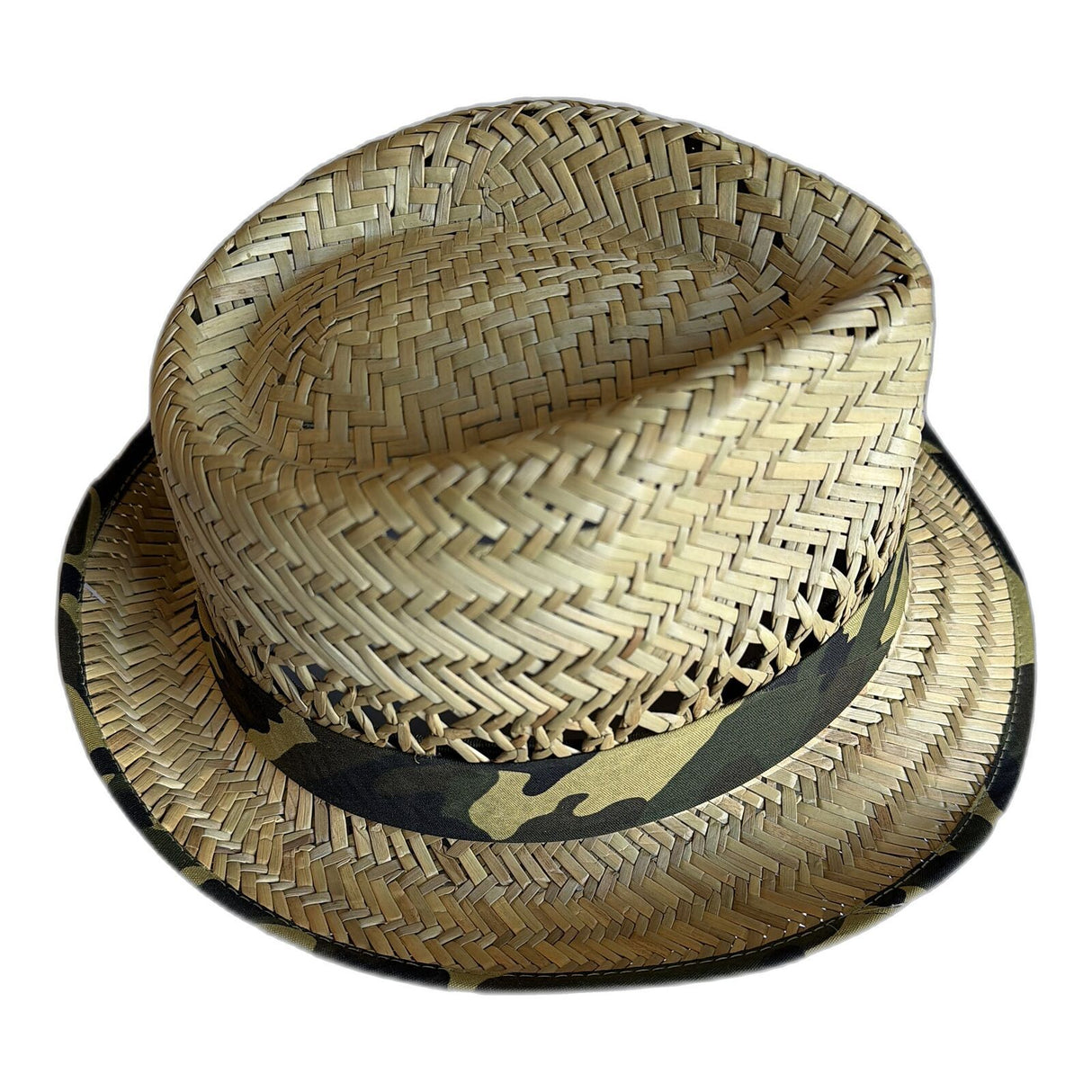 Mens Straw Trilby Hat with Camouflage Band - Natural (One Size - 58cm)