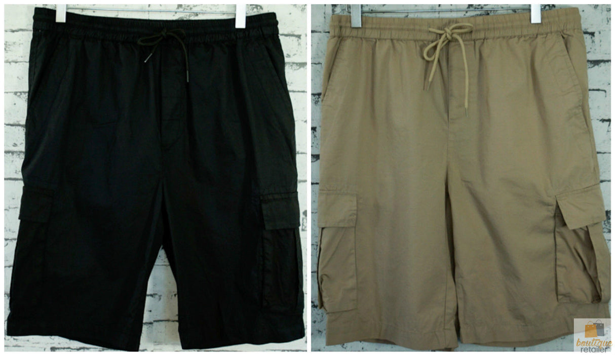 CARGO SHORTS Elastic Waist 100% COTTON Army Pocket Mens Drawstrings 0526 - Black Coal