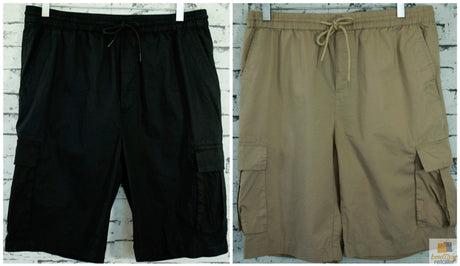 CARGO SHORTS Elastic Waist 100% COTTON Army Pocket Mens Drawstrings 0526 - Black Coal