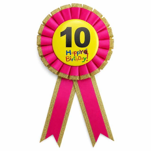 10th Birthday Pink Ribbon Badge Rosette - Childrens Award (Party Favour/Fancy Dress)