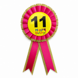 11th Birthday Pink Ribbon Badge Rosette - Childrens Award (Party Favour/Fancy Dress)