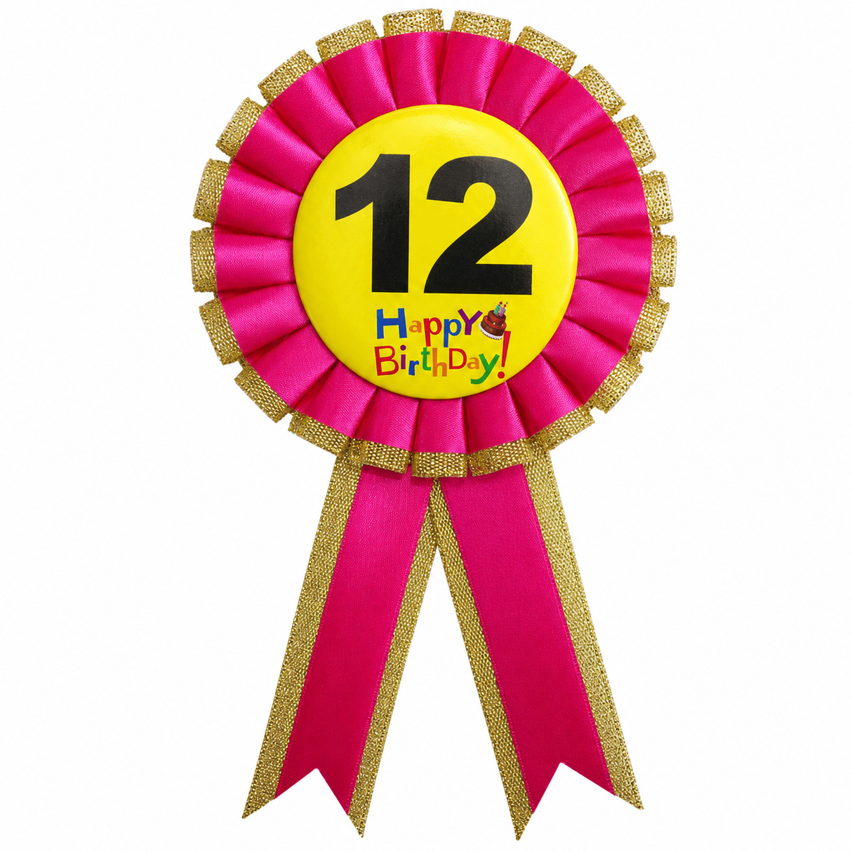 12th Birthday Pink Ribbon Badge Rosette - Childrens Award (Party Favour/Fancy Dress)