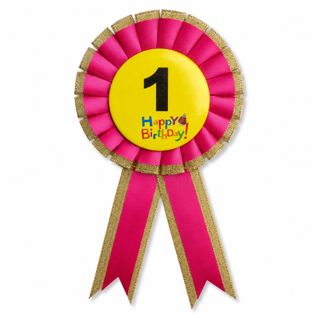 1st Birthday Pink Ribbon Badge Rosette - Childrens Award (Party Favour/Fancy Dress)
