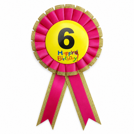 6th Birthday Pink Ribbon Badge Rosette - Childrens Award (Party Favour/Fancy Dress)
