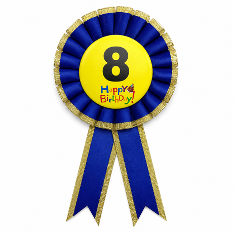 8th Birthday Blue Ribbon Badge Rosette - Childrens Award (Party Favour/Fancy Dress)