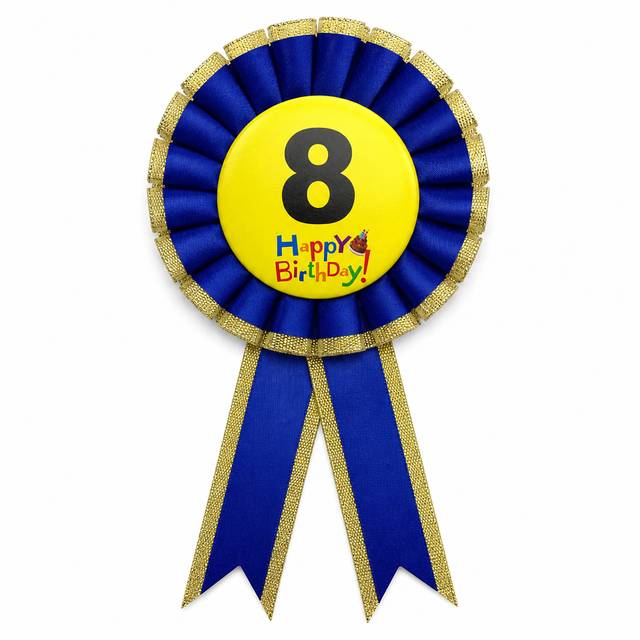8th Birthday Blue Ribbon Badge Rosette - Childrens Award (Party Favour/Fancy Dress)