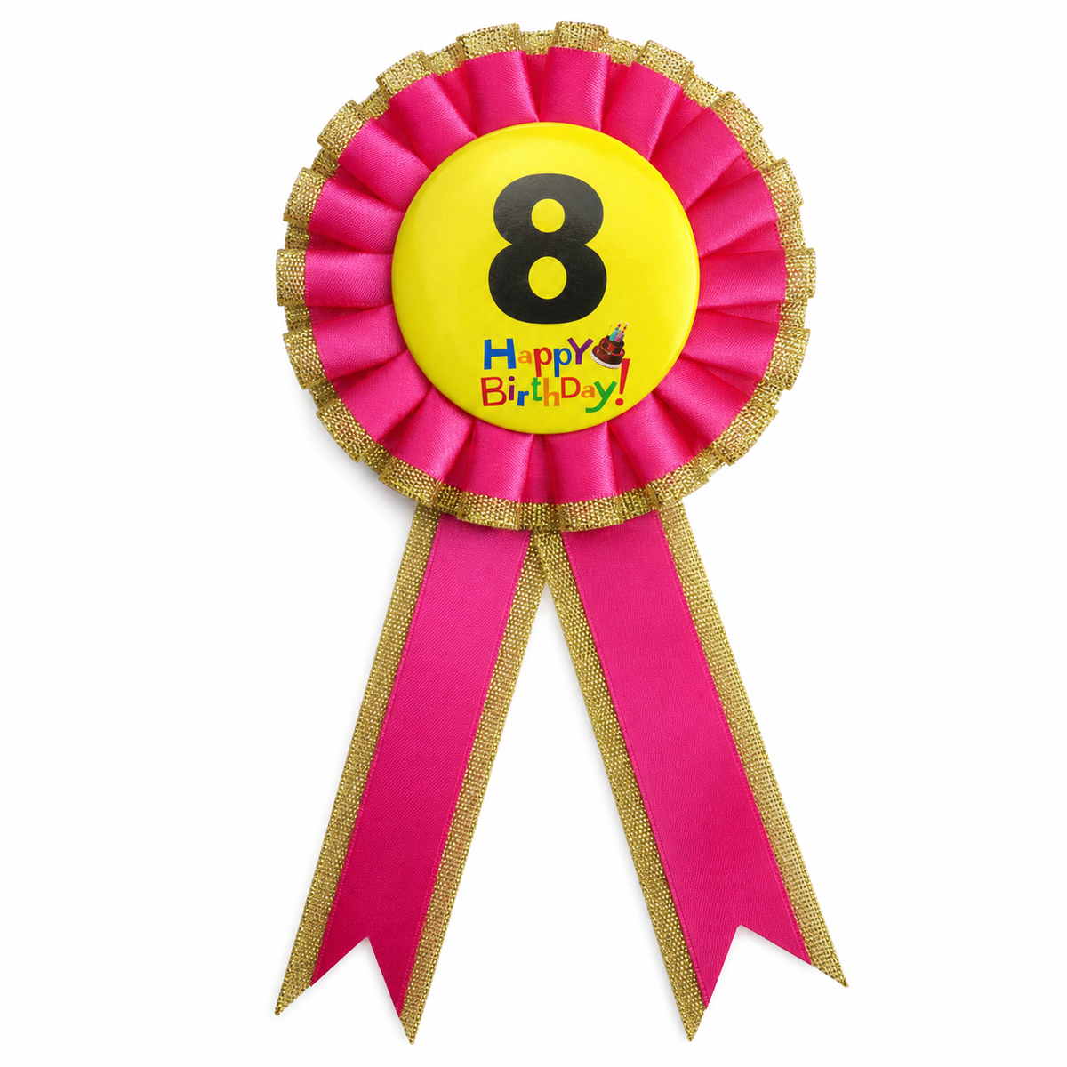 8th Birthday Pink Ribbon Badge Rosette - Childrens Award (Party Favour/Fancy Dress)